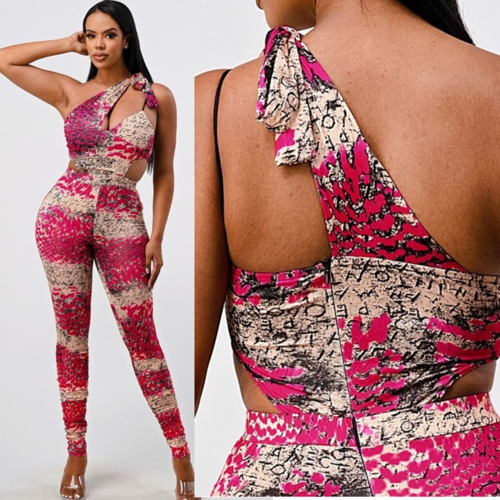 ANIMAL ONE-SHOULDER TIE JUMPSUIT
